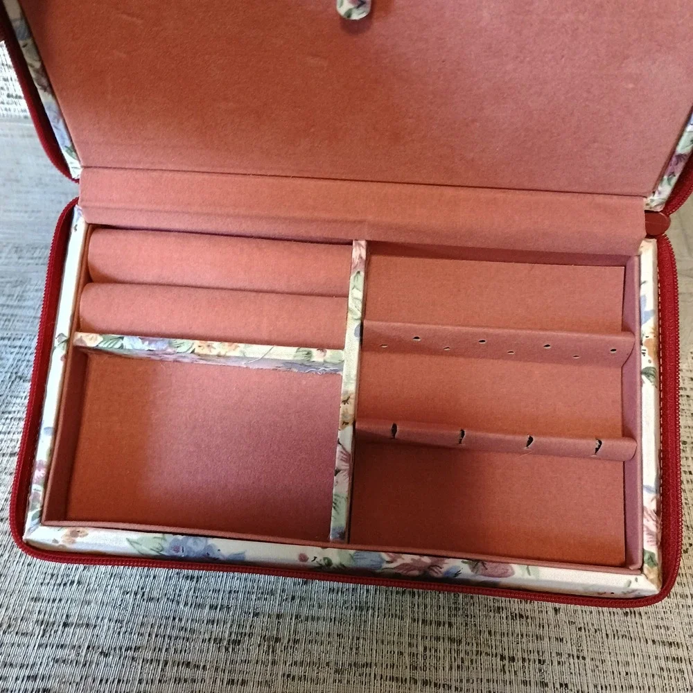 Vtg Floral Jewelry Travel Case Zippered Rose Print Organizer Cottagecore 1990's
